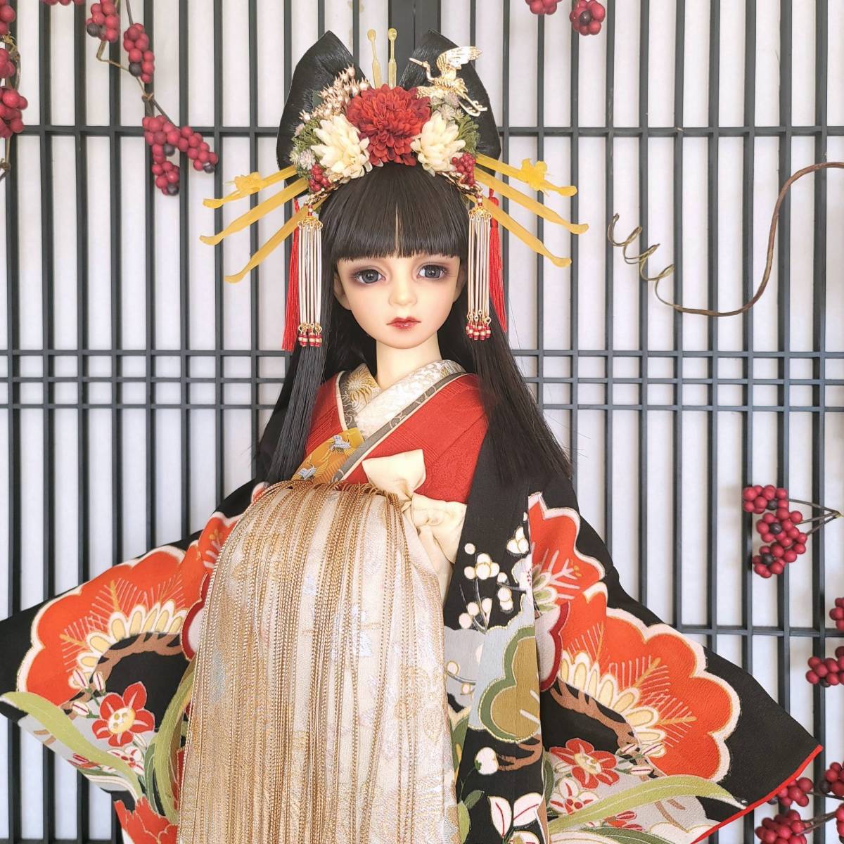 ◇藍月◇SD17少年用花魁着物セット◇御所車と鶴(服、靴)｜売買された 