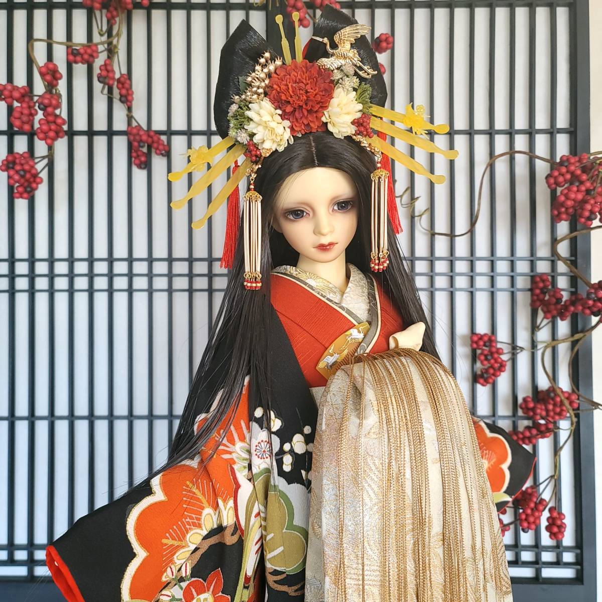 ◇藍月◇SD17少年用花魁着物セット◇御所車と鶴(服、靴)｜売買された 