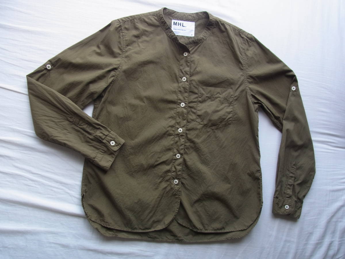 M H L， マーガレットハウエル　　バンドカラーシャツ　サイズ Ⅲ 　オリーブカーキ系
