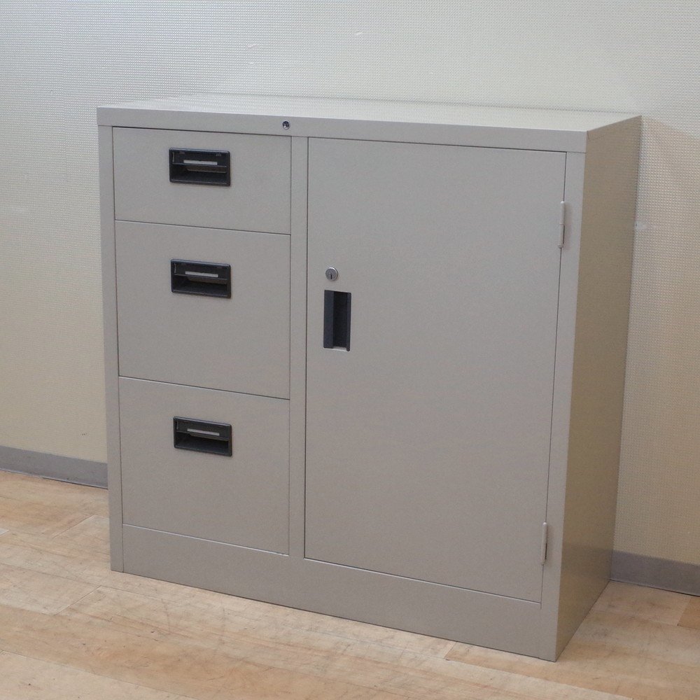 幅880 奥行380 高さ880 コクヨ KOKUYO 書庫 キャビネット 3段ラテラル 片開き 引き出し グレー 収納 書類 鍵付 KK9363 中古オフィス家具
