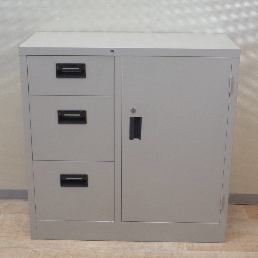 幅880 奥行380 高さ880 コクヨ KOKUYO 書庫 キャビネット 3段ラテラル 片開き 引き出し グレー 収納 書類 鍵付 KK9363 中古オフィス家具