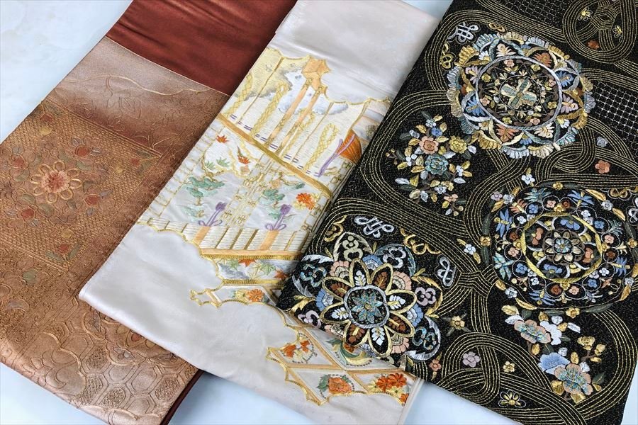 ◎リサイクル着物 帯まとめ まとめ出品 袋帯 まとめ売り3点 刺繍 中国刺繍 汕頭刺繍 フォーマル 中古 現状品 和ものや傳 B1243