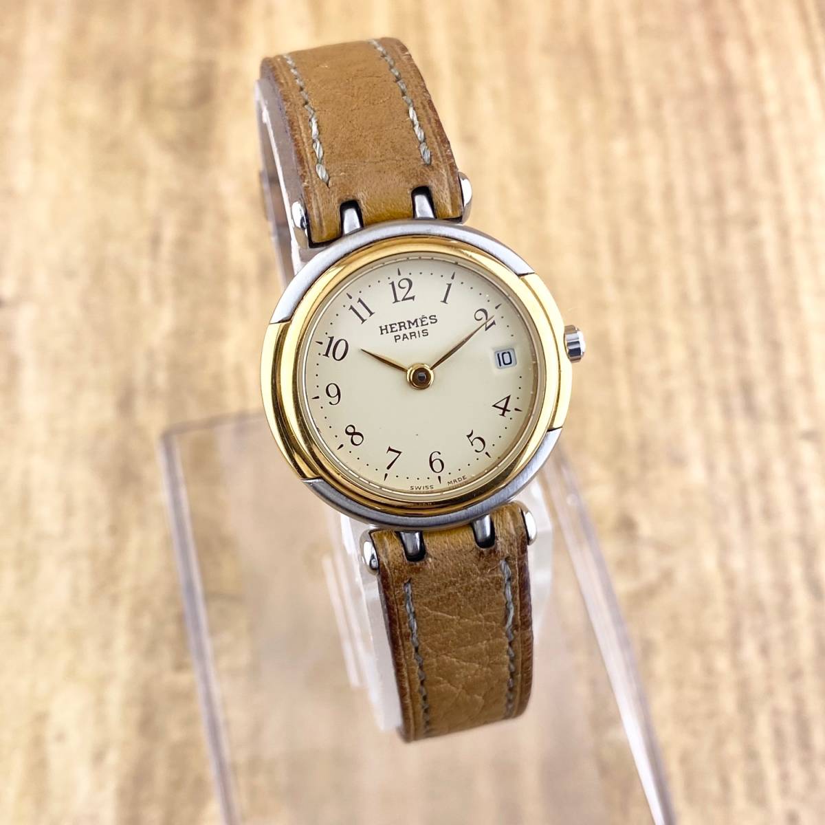 【1円〜】HERMES エルメス 腕時計 レディース ウィンザー アイボリー文字盤 ゴールド ○S刻印 デイト 正規品