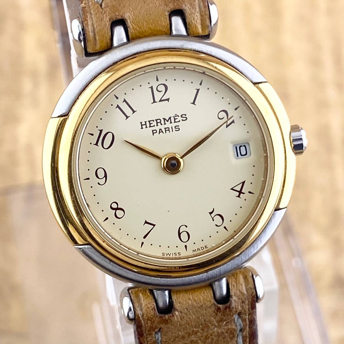 【1円〜】HERMES エルメス 腕時計 レディース ウィンザー アイボリー文字盤 ゴールド ○S刻印 デイト 正規品