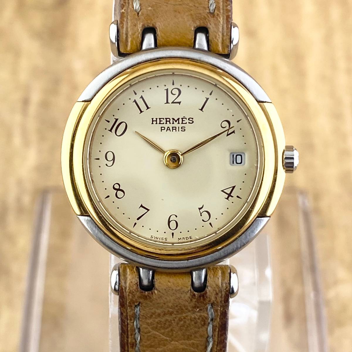 【1円〜】HERMES エルメス 腕時計 レディース ウィンザー アイボリー文字盤 ゴールド ○S刻印 デイト 正規品