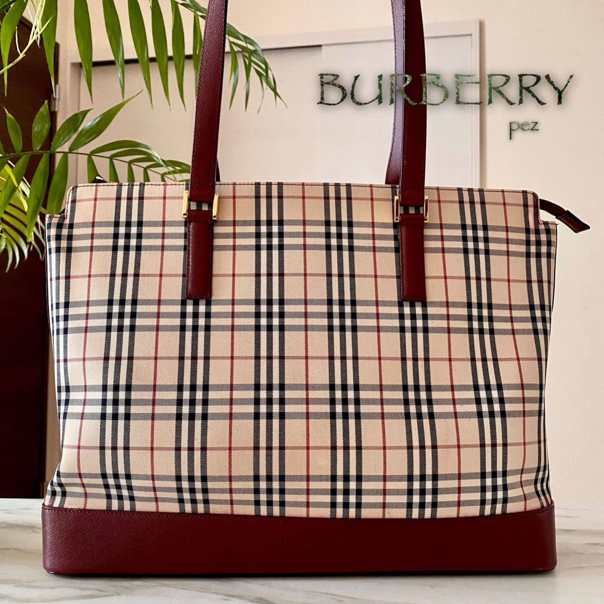 ノバチェック バーバリー BURBERRY 美品 レザー トートバッグ BLUE 極 