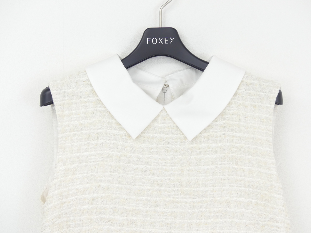 美品】フォクシー コットンツイードワンピース 半袖ワンピ アイボリー