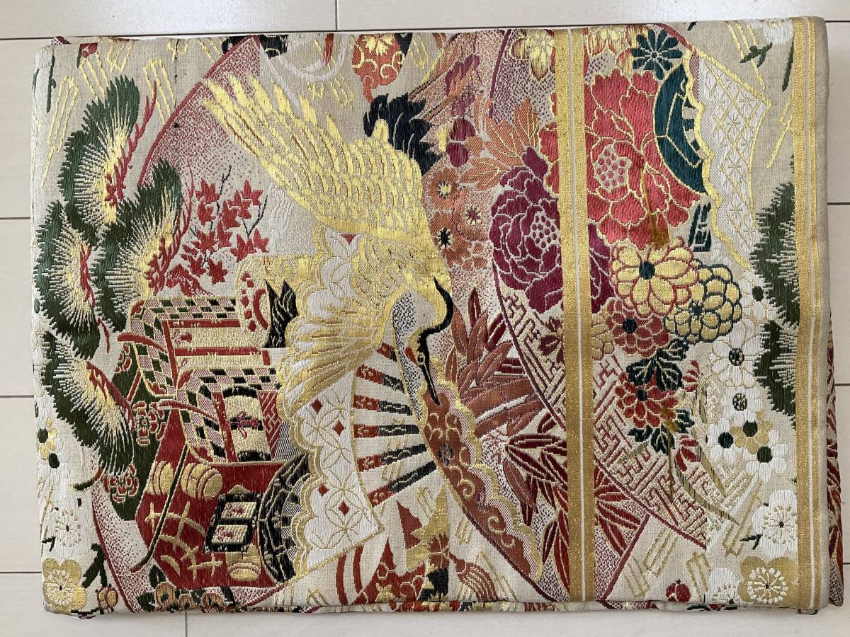 吉祥文様 名古屋帯 松竹梅 袋帯 金糸 鶴 金襴生地販売 飛翔鶴松竹梅