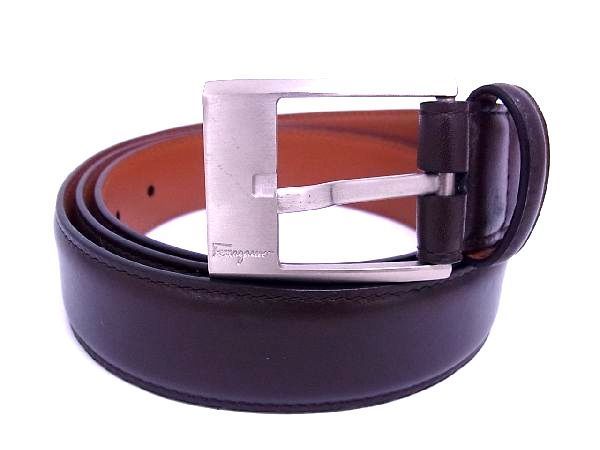 1円 ■極美品■ Salvatore Ferragamo サルヴァトーレフェラガモ レザー シルバー金具 ベルト レディース メンズ ブラウン系 BC0245チN