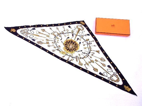 1円 □美品□ HERMES エルメス ポワントゥ 【鍵】 シルク100％ 三角
