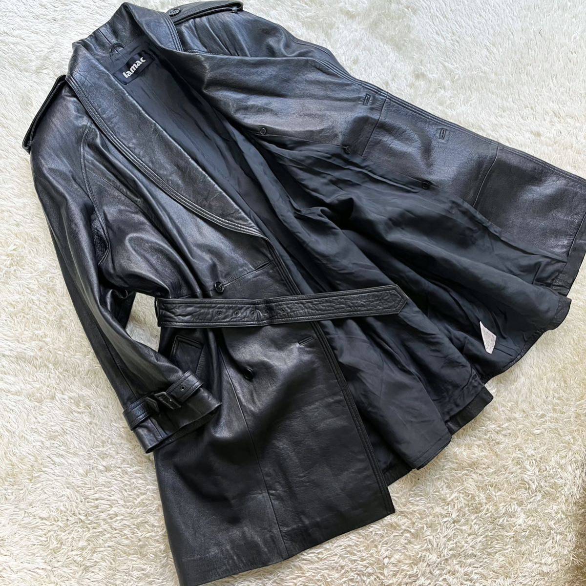 希少! 羊革 トレンチコート 『漢の戦闘服』 ラムレザー ショールカラー ラムレザー M〜L位 オールレザー 黒 ブラック 本革 差をつける逸品