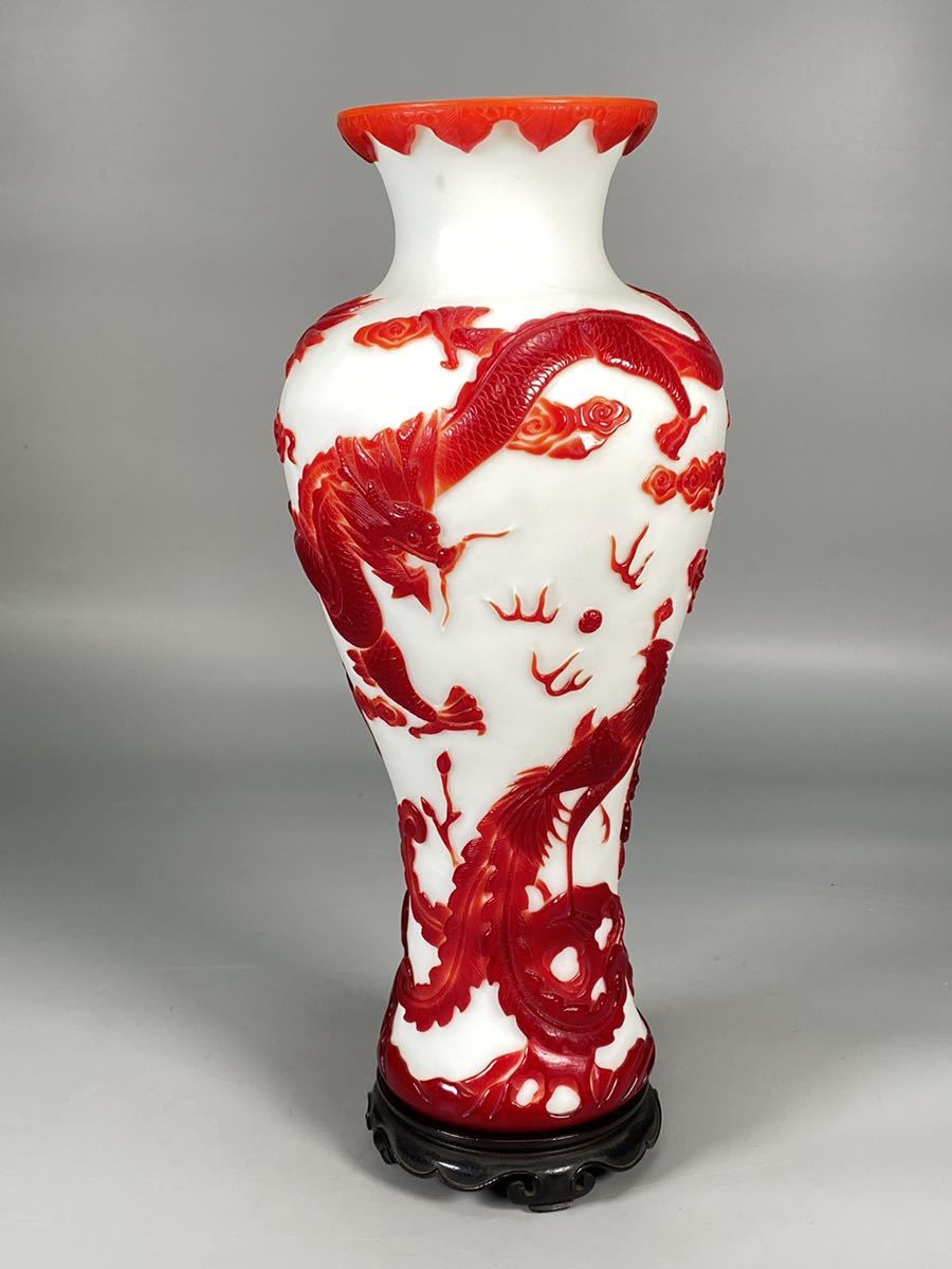 03035] 乾隆ガラス 花入 蓮花鯉文様 在銘 唐物/(中国古玩宋元明