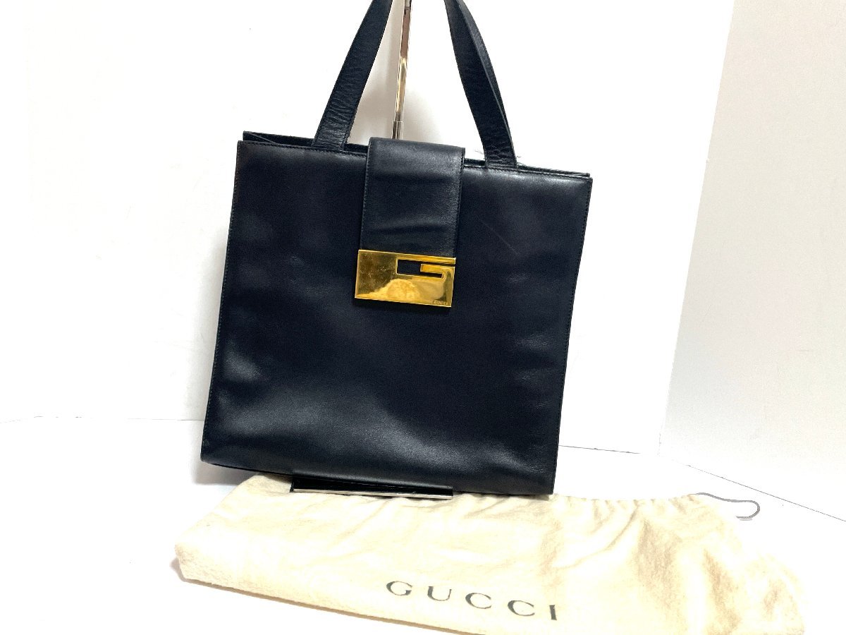 中古】GUCCI グッチ トートバッグ カバン レザー ブラック ゴールド 