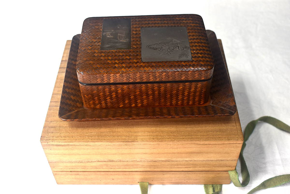 網代漆器 巻煙草入 銀銅彫金 湖沼画 受盆付 桐箱入 時代物】検:煙草盆