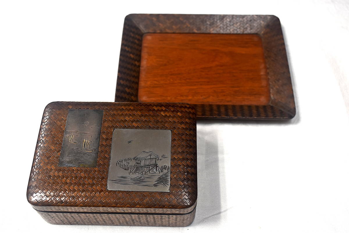 網代漆器 巻煙草入 銀銅彫金 湖沼画 受盆付 桐箱入 時代物】検:煙草盆