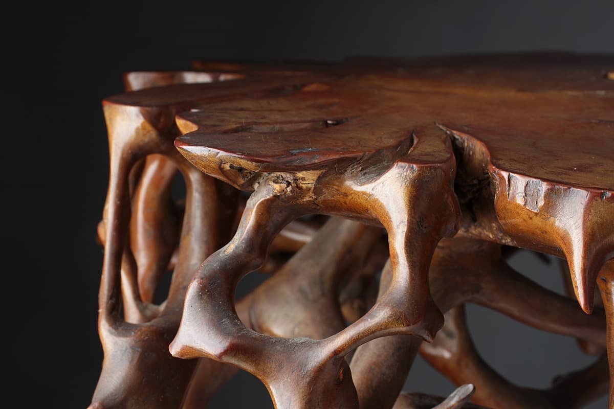 黄楊花台 天然彫り 木彫花台 盆栽花台 根木台