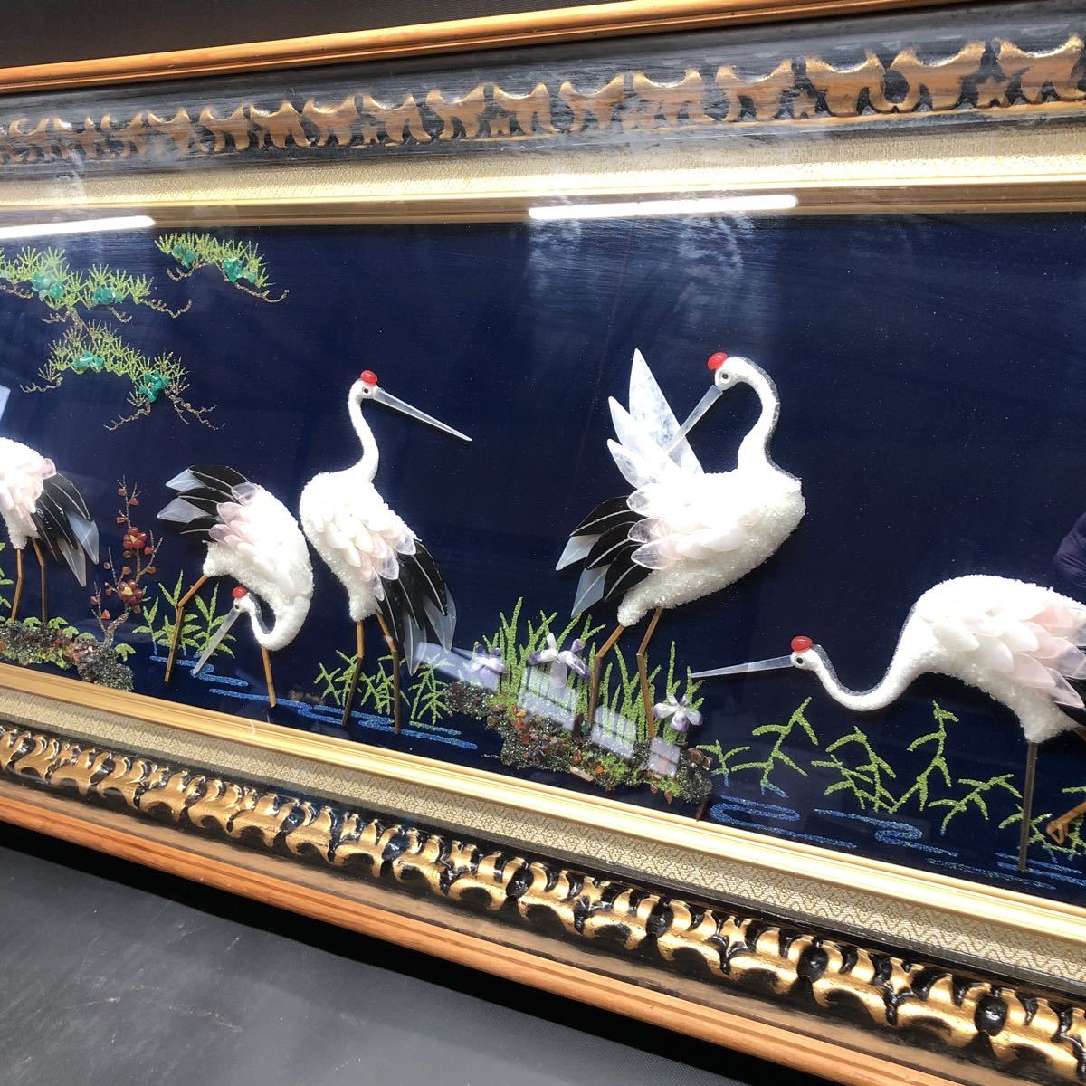 AI846 貴石画 宝石画 鶴 石細工 ストーン 壁掛け 額縁 天然石 工芸品