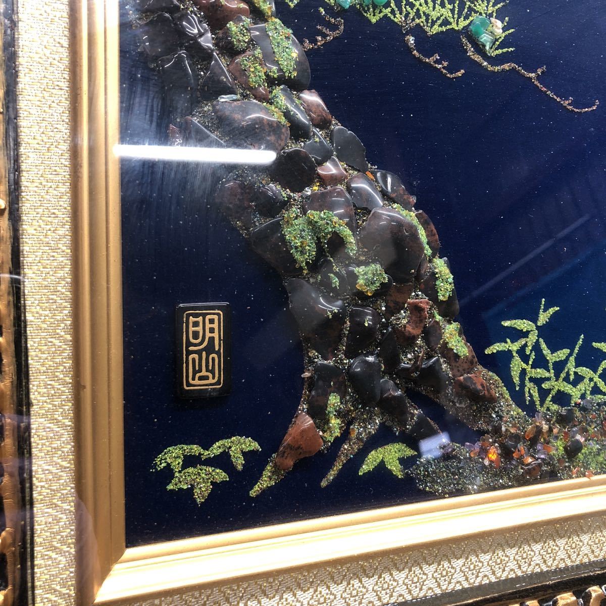 AI846 貴石画 宝石画 鶴 石細工 ストーン 壁掛け 額縁 天然石 工芸品