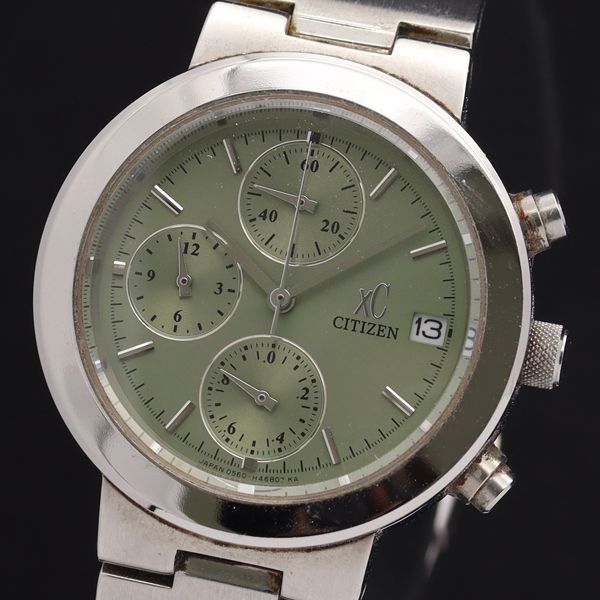 1円 稼働 シチズン QZ 0560-H25969 クロスシー 緑文字盤 クロノグラフ デイト レディース/ボーイズ腕時計 XYZ2000000★