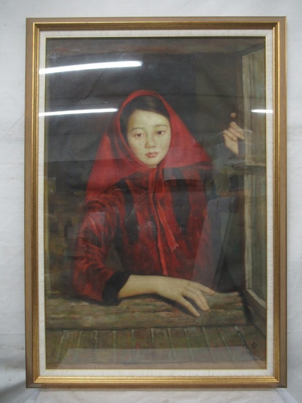 E0930 楊飛雲 窓辺の民族衣装の女性 油彩 M30 額装 中国書画