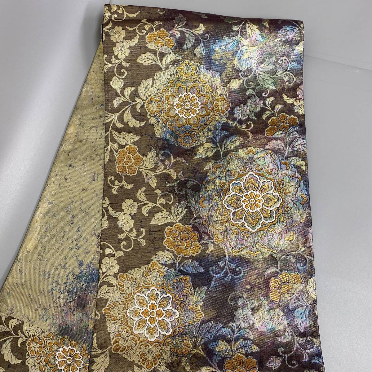 袋帯 螺鈿 青茶色系 花柄 六通 正絹 中古保管品 / 和装 美品