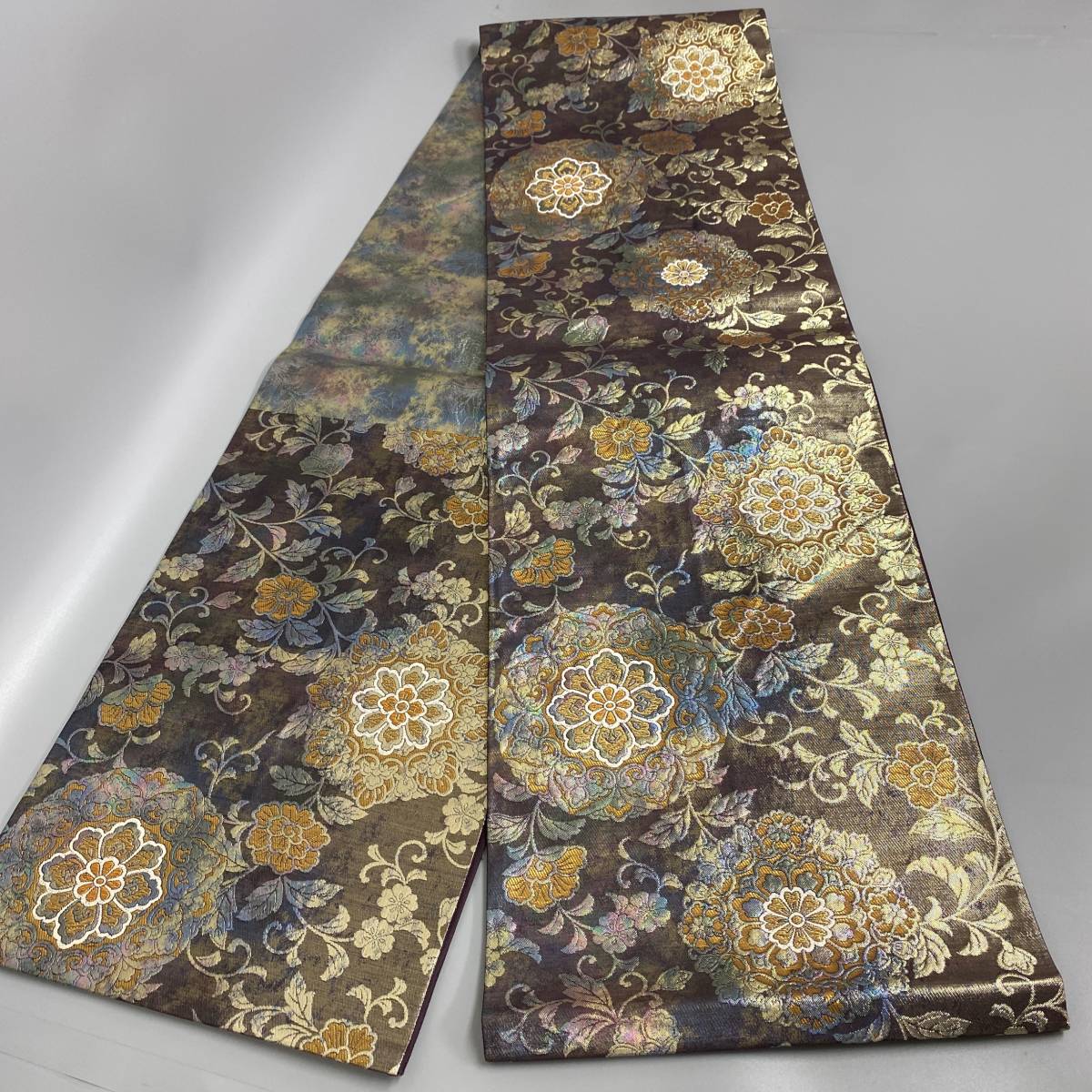 袋帯 螺鈿 青茶色系 花柄 六通 正絹 中古保管品 / 和装 美品