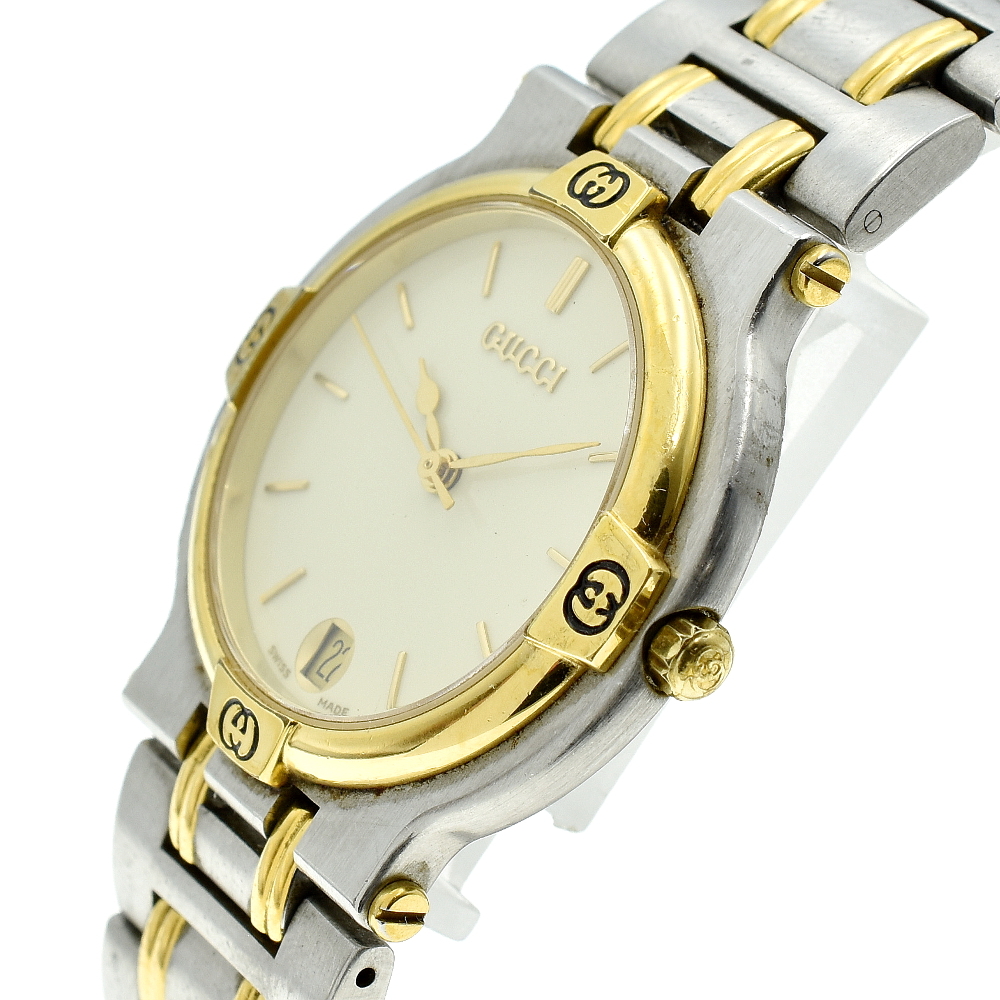 グッチ GUCCI QZ 9000M アイボリー文字盤 デイト 1円 メンズ 01210573 