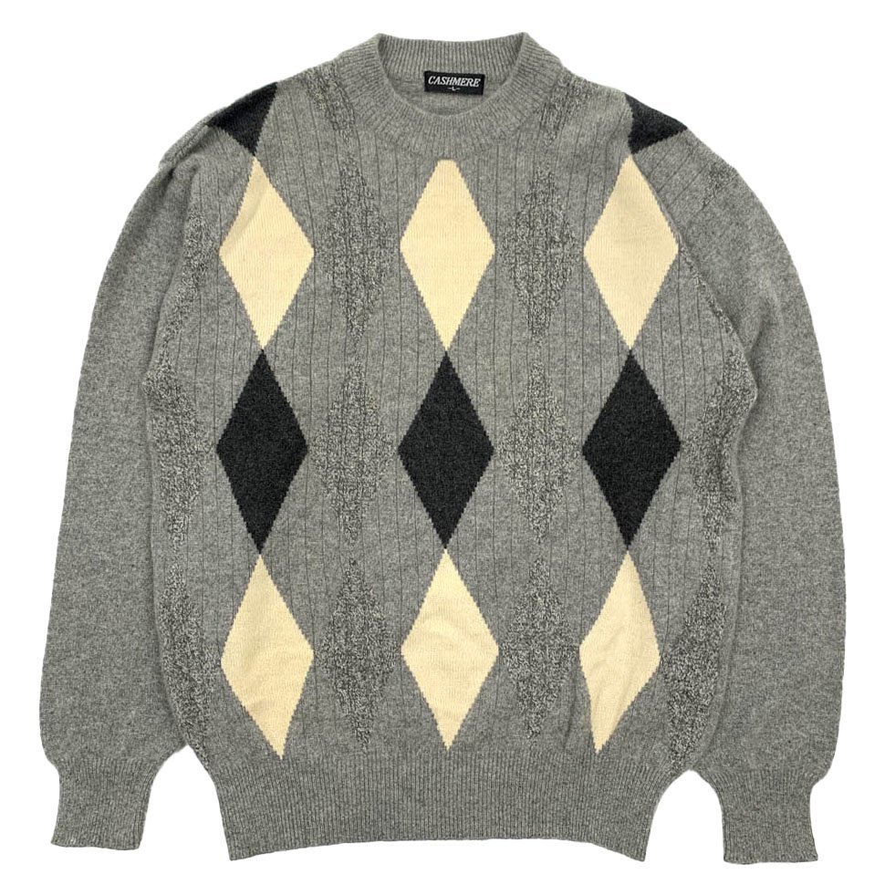 カシミヤ100%◆cashmere カシミアウール ニット ケーブル編み ダイヤ柄 アーガイル クルーネック 丸首 セーター L/グレー系/メンズ