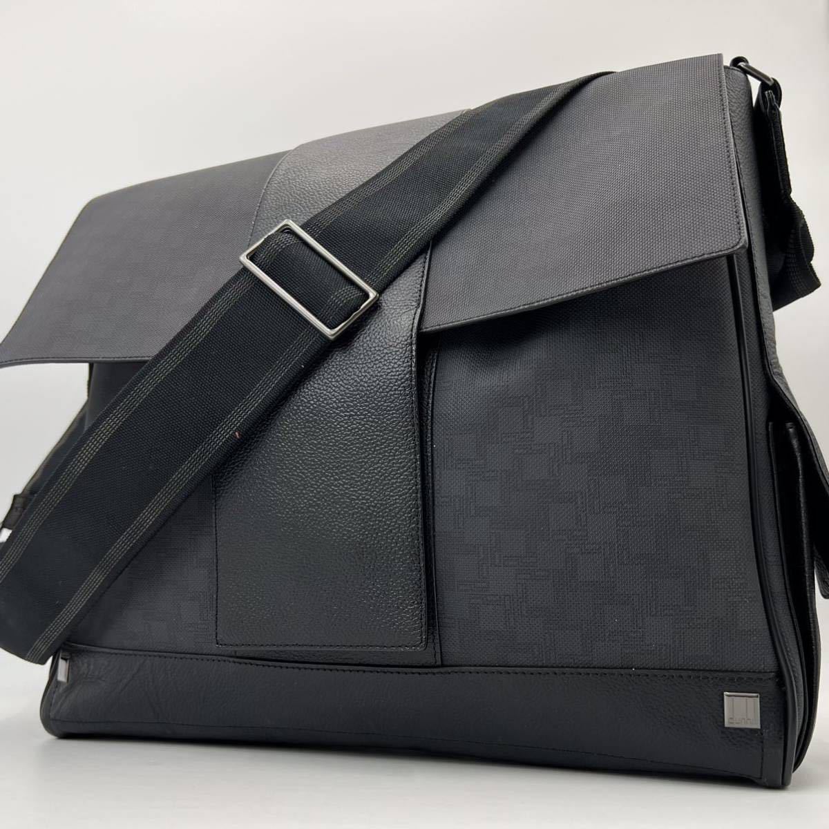 1【極美品】超高級品 dunhill ダンヒル ショルダーバッグ メッセンジャー ポシェット 大容量 ブラック 黒 レザー メンズ