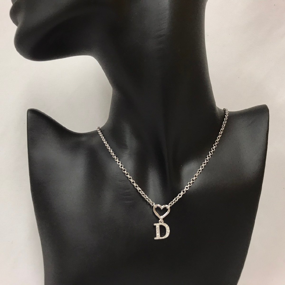 ▽▼クリスチャンディオール Christian Dior ネックレス Dロゴ ハートモチーフ ラインストーン メッキ シルバー系 アクセサリー レディース