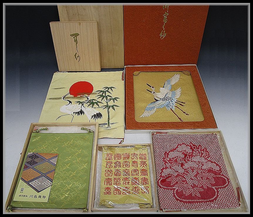 [ZEROnet]▼帛紗 袱紗 5点セット 川島織物 鶴 金彩 寿 冨久紗 百寿文様 共箱 まとめて▼P52-32