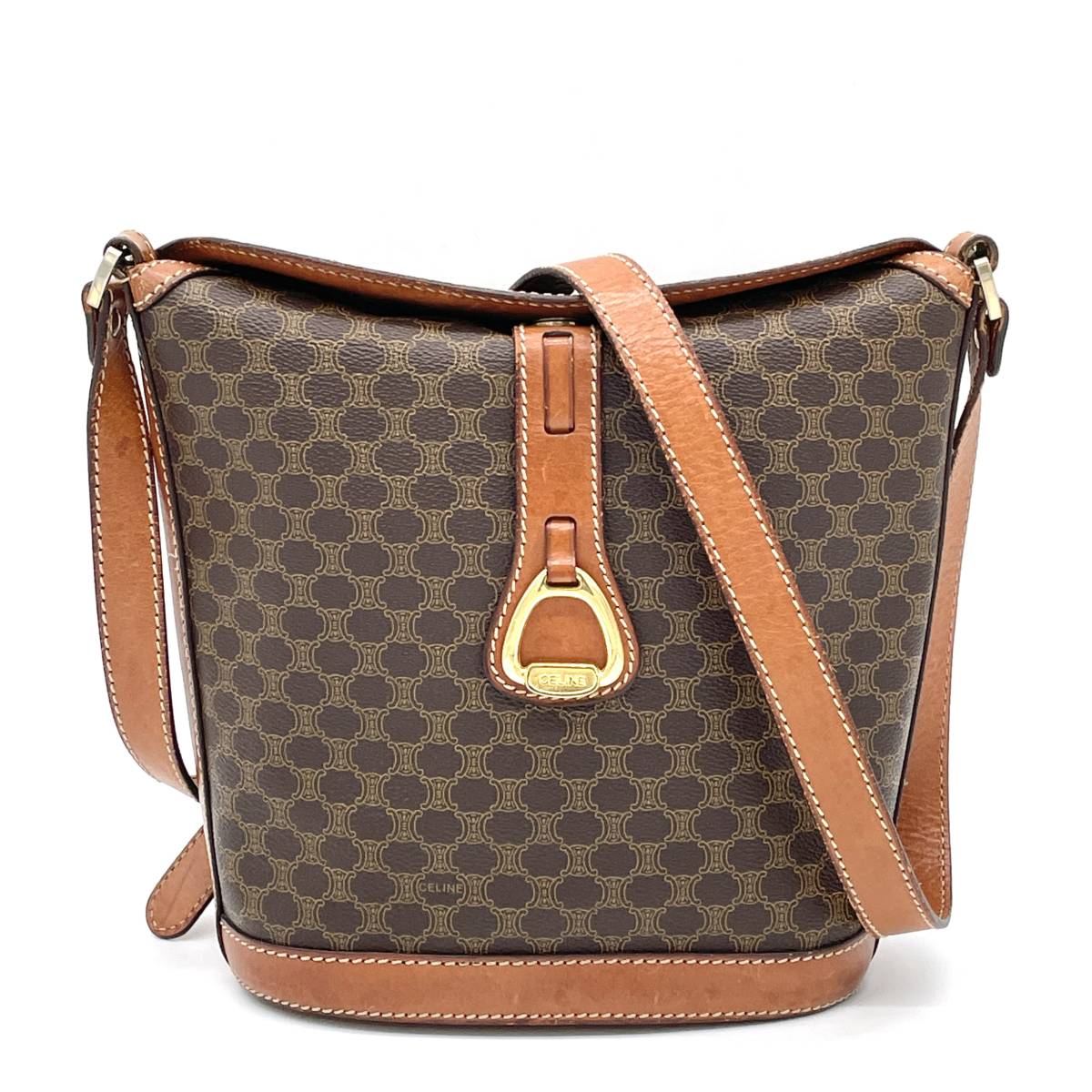 1円 CELINE セリーヌ マカダム柄 ブラウン バケット ショルダーバッグ
