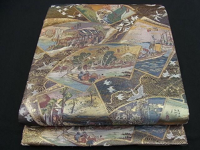 着物屋ほのか■双葉　両方向自在　東海道名所絵巻　全通柄袋帯　金糸　逸品　fn0022