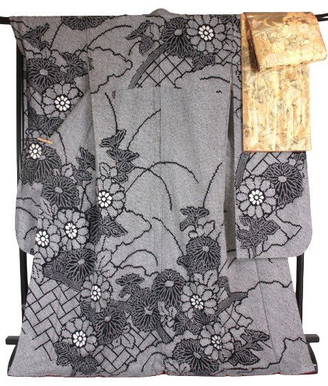★振袖セット★［裄長］総鹿の子絞り　菊文様　長襦袢なし（帯・小物）裄：70cm　適応身長：166cm～176cm　e2-153