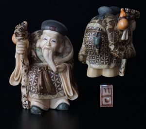 象牙風 マンモス牙 山口 銘 七福神 弁財天 縁起物 置物 東洋彫刻 117g