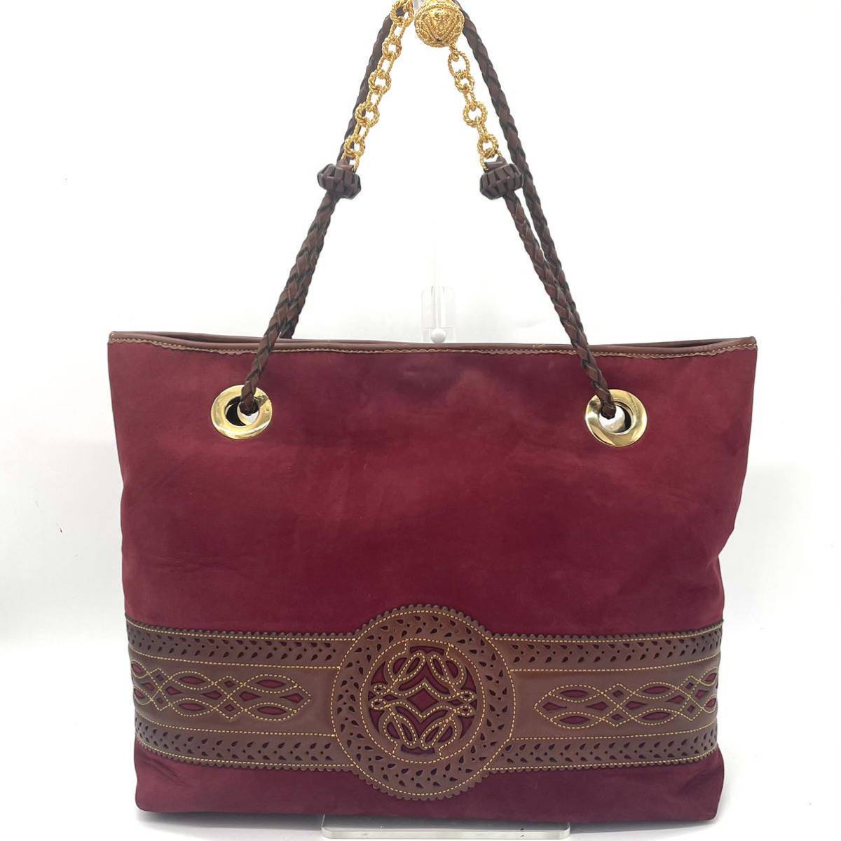 1円～ 激レア 美品 LOEWE トート ショルダーバッグ Collection Sevilla セベリア アナグラム ロゴ チェーン ボール スエード レザー