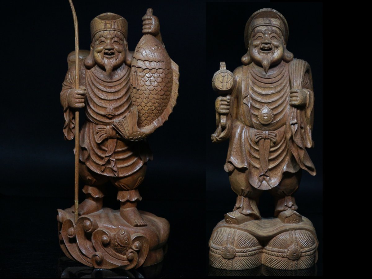 ◇木彫り・大黒天・恵比寿天・立像・仏像・置物・超細密彫刻・高さ30/31㌢