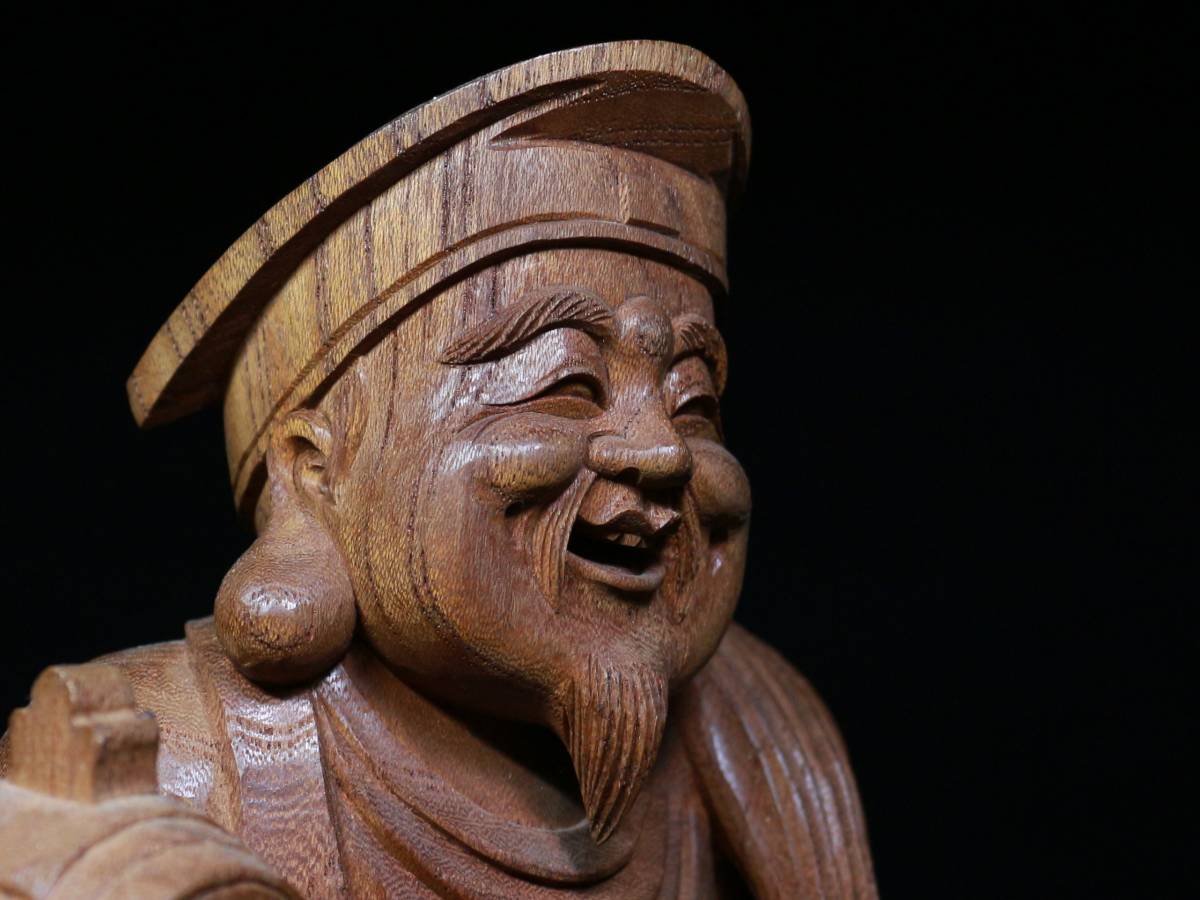 『恵比寿　大黒天』置物　木彫り　木造り　骨董品　高さ30cm 希少 ◇木彫り・大黒天・恵比寿天・立像・仏像・置物・超細密彫刻・高さ30