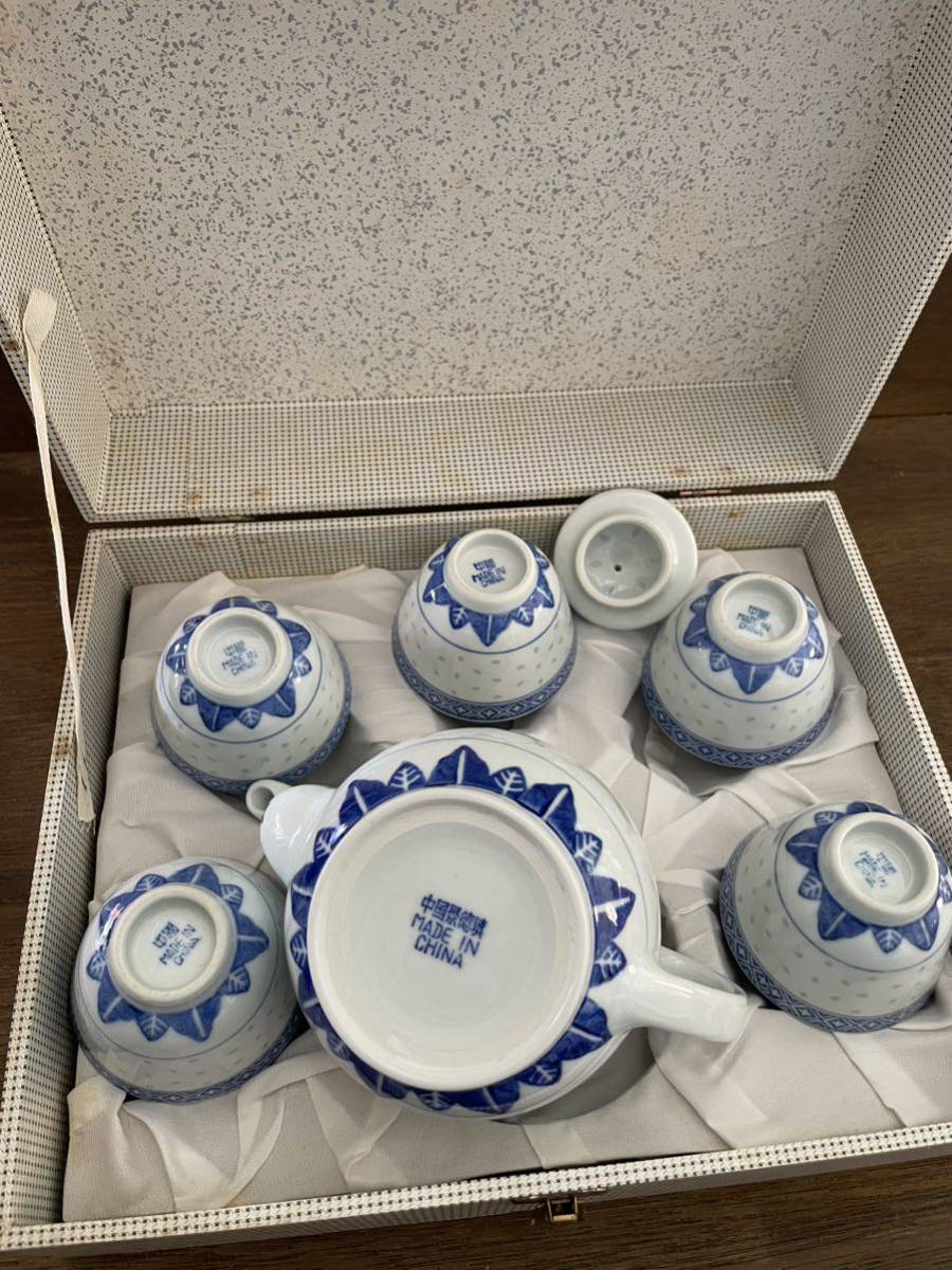 中国景徳鎮 茶器セット 箱入り 蛍透茶碗 染付 中国茶器 中国美術 