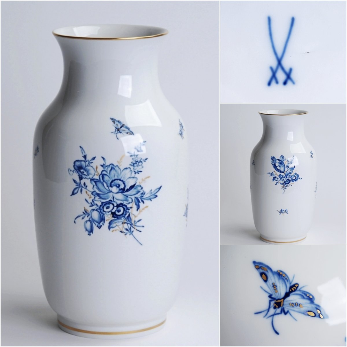 GB2718◇マイセン MEISSEN 白磁金彩 染付花蝶文 花瓶 高さ36㎝◇n