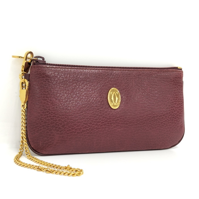 【中古】Cartier コインケース チェーン付き レザー ボルドー