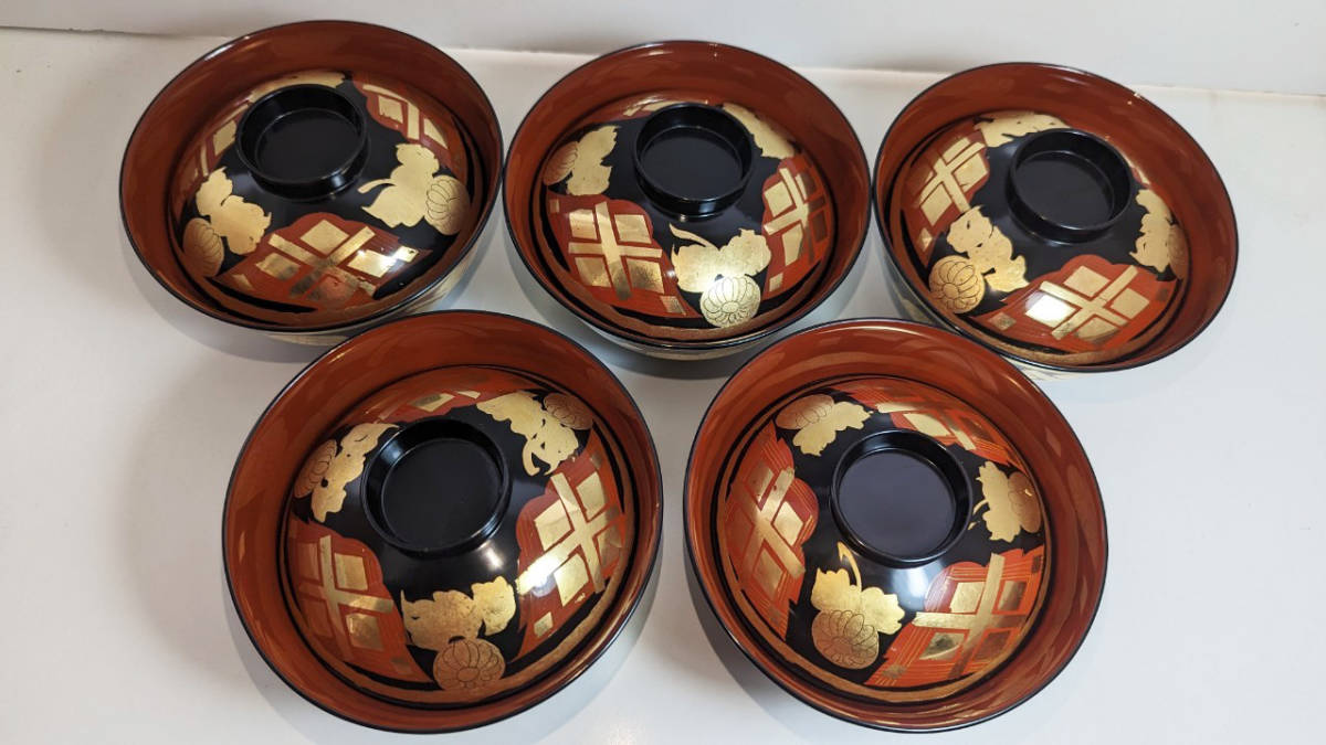 ◆◇　R4705)　漆　 蒔絵　吸物椀　 十客　高台　菊絵　時代漆器　茶道具 　料亭 木箱　◇◆