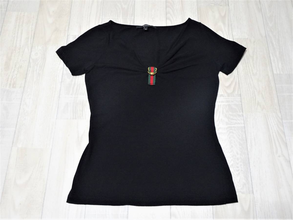 【必見】★GUCCI/グッチ/レディース/シェリーラン/ゴールドパーツ/首元ドレープデザイン/カットソー★Ｓ〔Ｐ232〕