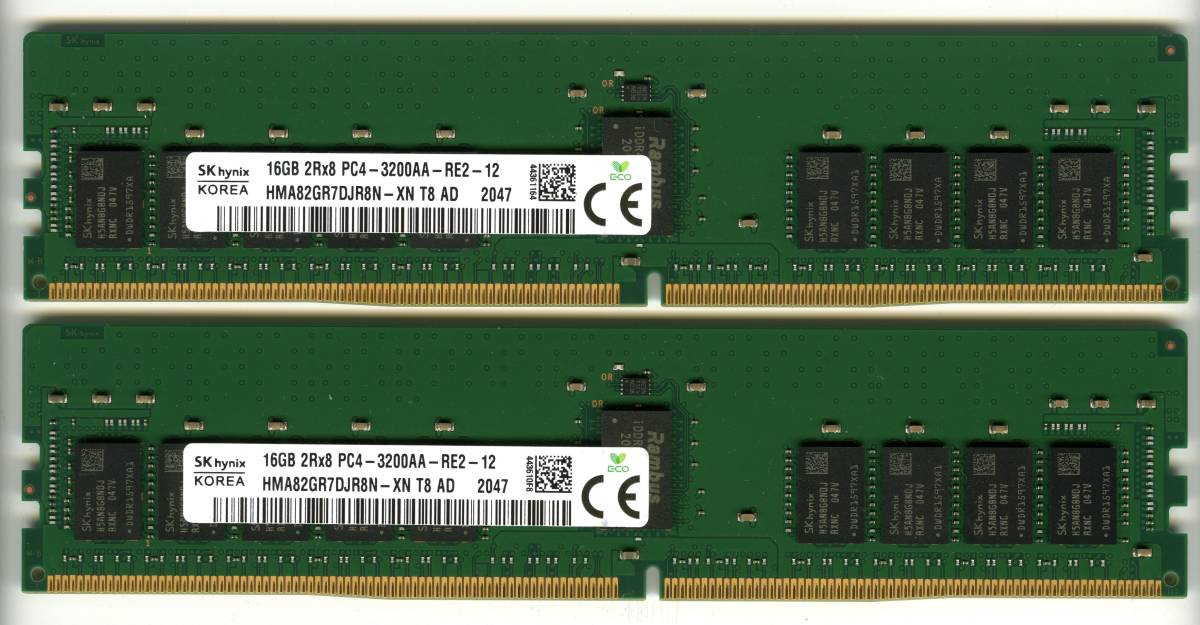 SKhynix、DDR4-3200、ECC Registered、16GB×2枚セットで32GB、中古 　　　　reg rdimm サーバー用　2047
