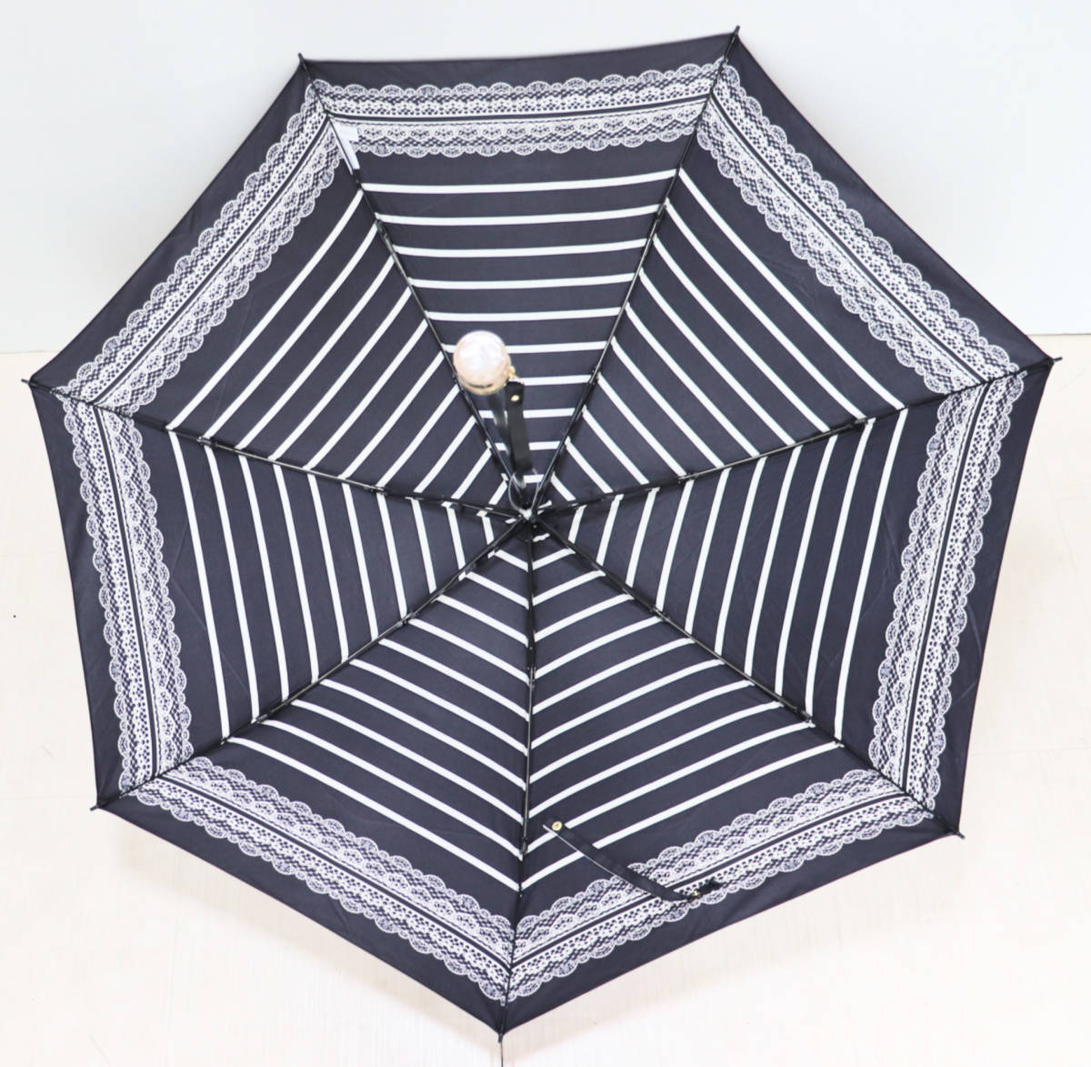 《LANVIN en Bleu ランバンオンブルー》新品 開閉らくちん クイックアーチ ボーダー柄 折りたたみ傘 雨傘 黒 A7732