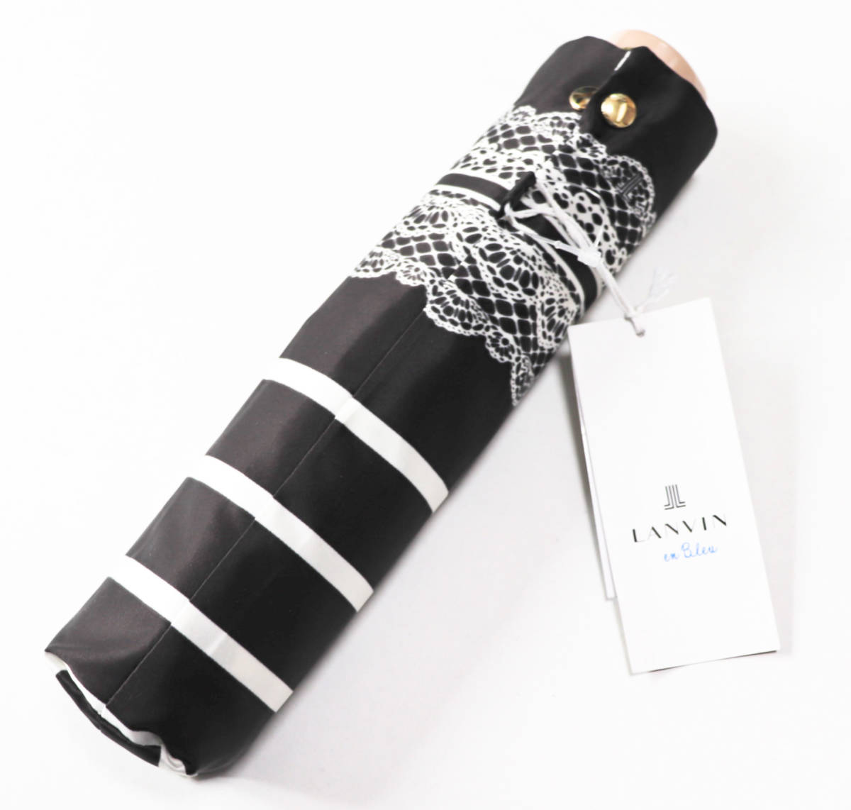 《LANVIN en Bleu ランバンオンブルー》新品 開閉らくちん クイックアーチ ボーダー柄 折りたたみ傘 雨傘 黒 A7732