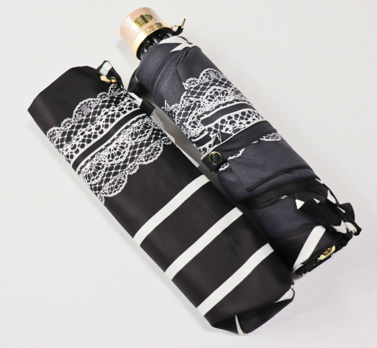 《LANVIN en Bleu ランバンオンブルー》新品 開閉らくちん クイックアーチ ボーダー柄 折りたたみ傘 雨傘 黒 A7732