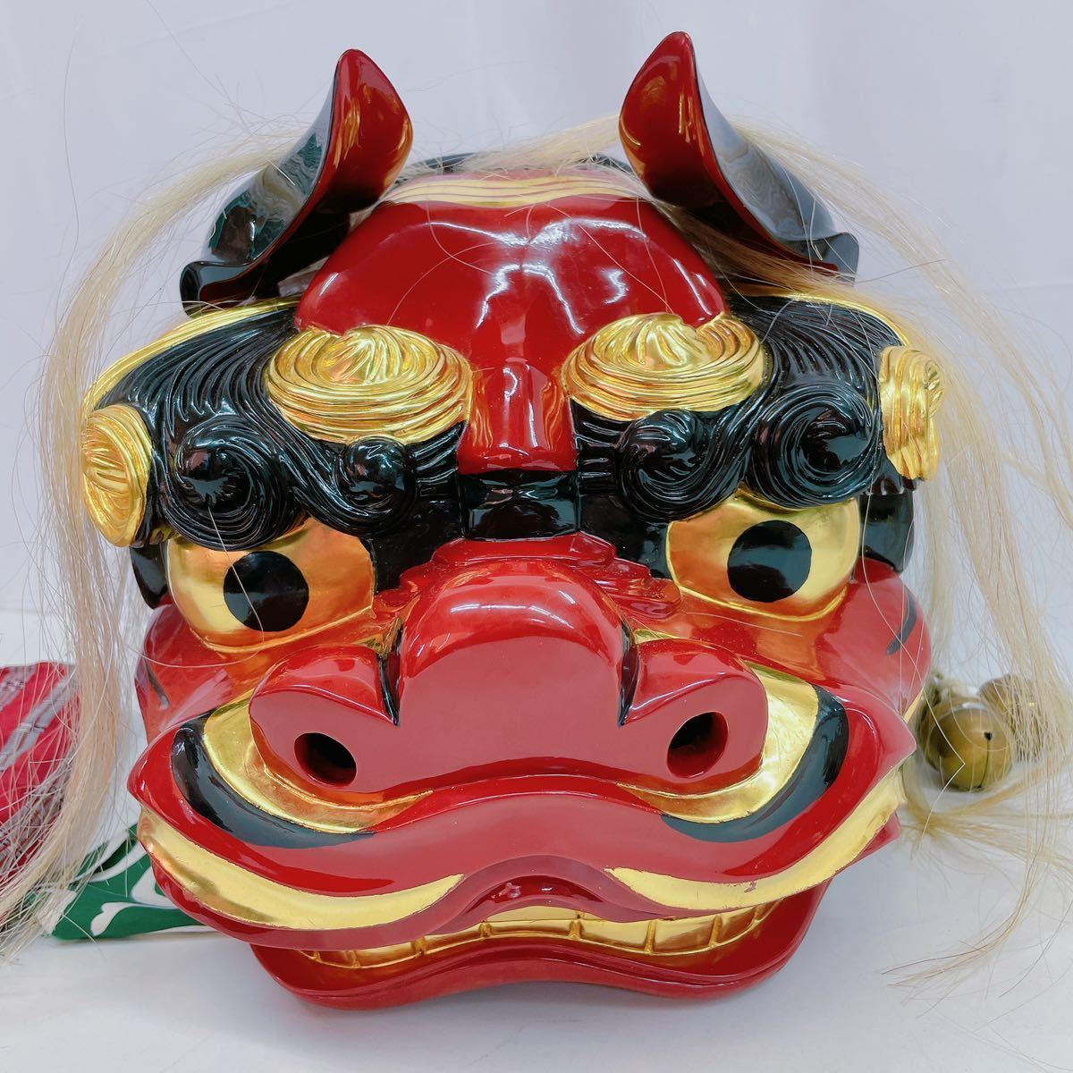 3AC79 獅子頭 木彫 朱漆獅子頭 獅子舞 祭礼 神楽面 縦33横33奥行32
