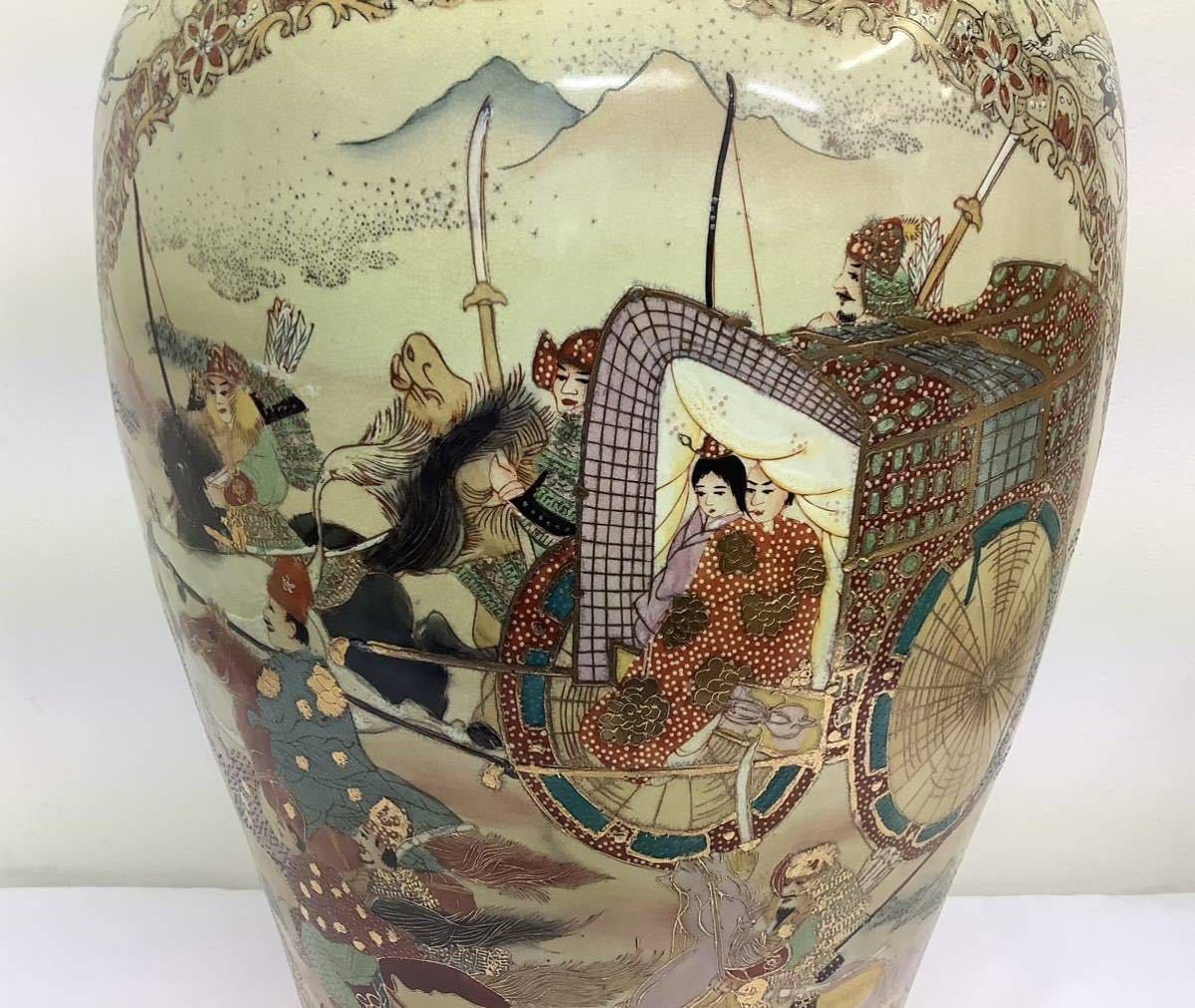 薩摩焼 飾り壷 花瓶 置物 花車 武士 鶴 花 金彩 高さ約83cm 飾壺 大型