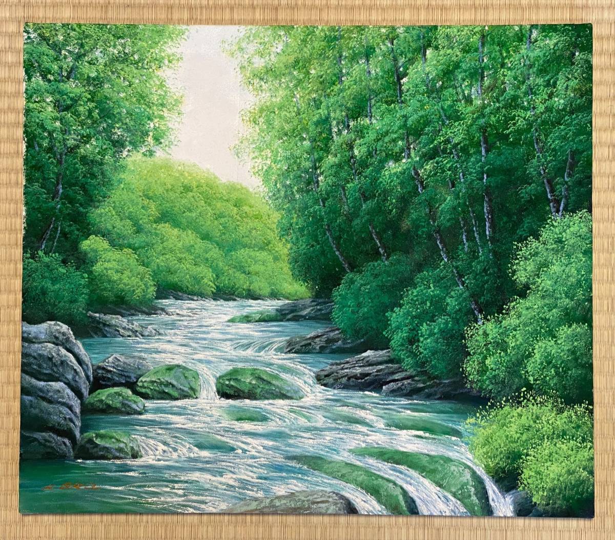 油彩　渓流風景 油彩 渓流風景